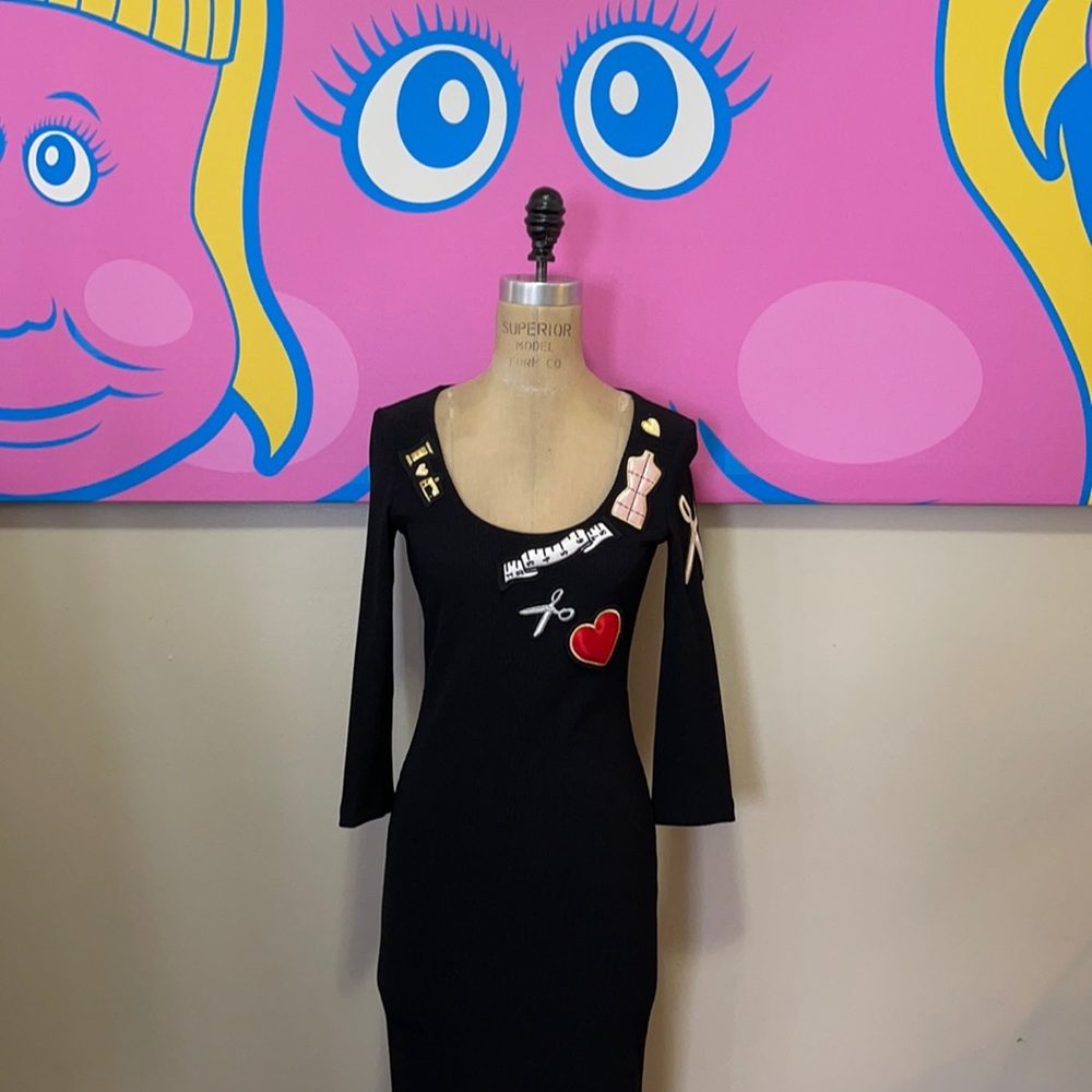 Moschino Sewing Black Sheath Dress Scissors Heart